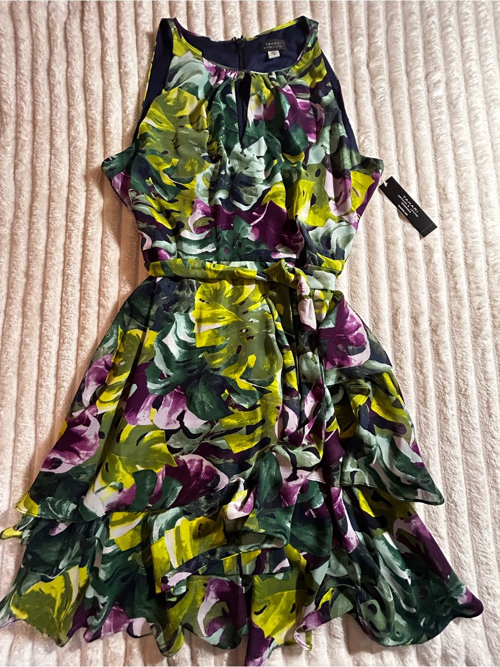 NWT Calvin Klein Floral Ruffle Halter Dress in Green & Purple